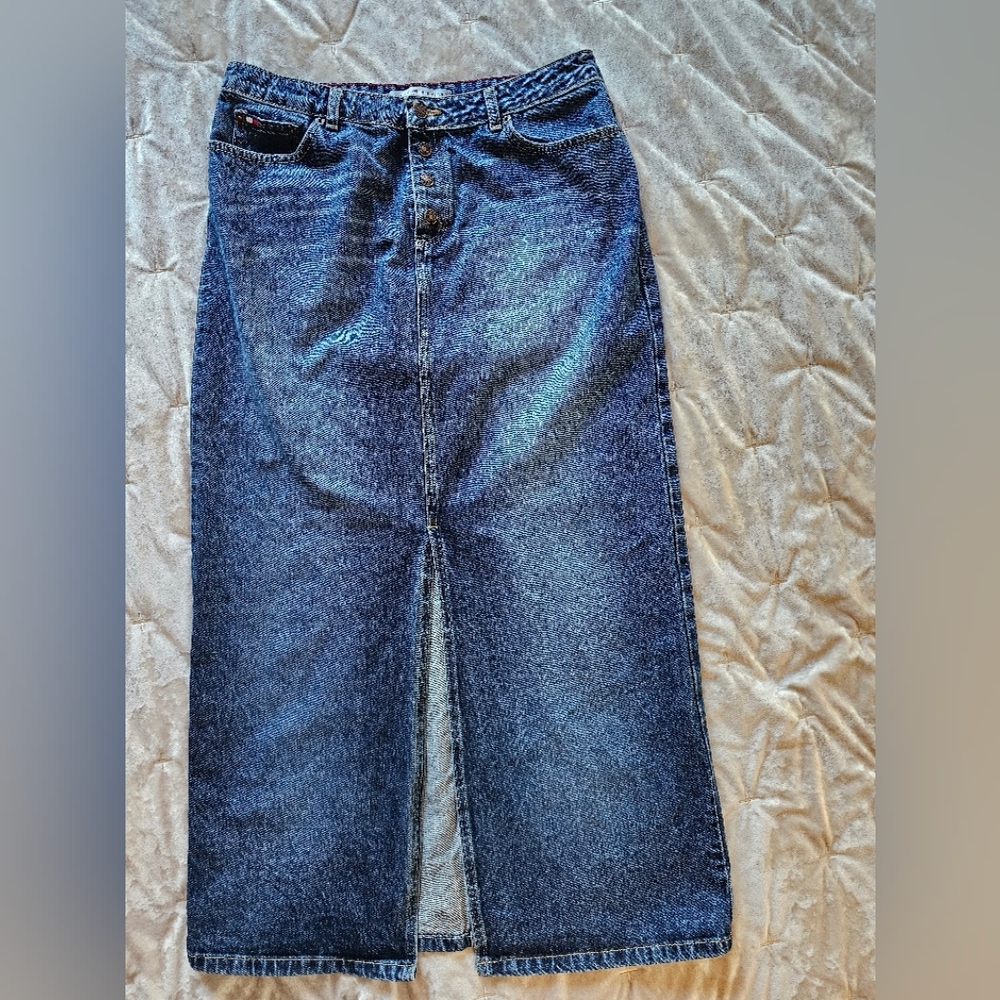 Vintage Tommy Hilfiger Blue Denim Midi Skirt with Slit